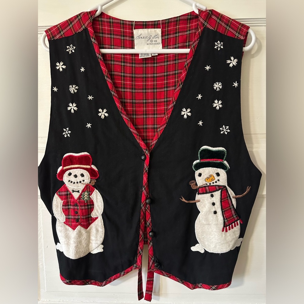 vintage 1998 Lonnie G Star Reversible Womans 14 Christmas Vest Lg Snowman Plaid